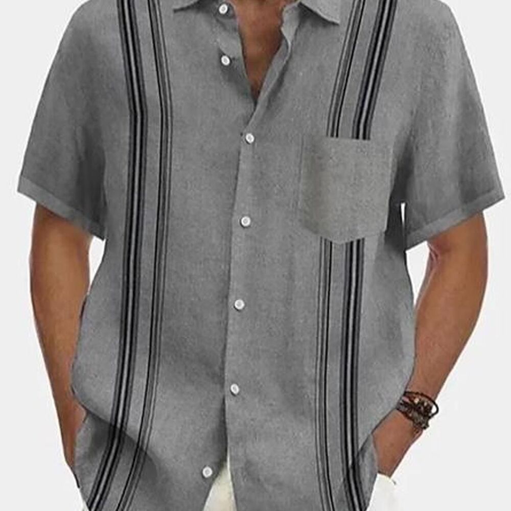 gray guayabera style striped button up shirt